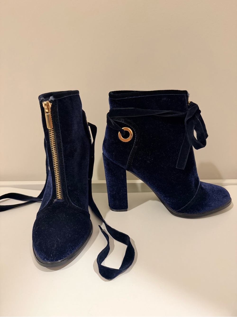 Velvet Navy Lace-Up Ankle Boots with Gold Zip